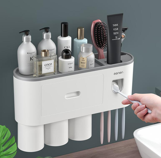 Étagère murale de salle de bain multifonction avec distributeur automatique de dentifrice et gobelets magnétiques