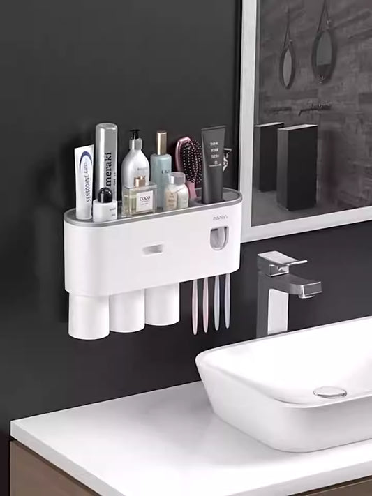 Étagère murale de salle de bain multifonction avec distributeur automatique de dentifrice et gobelets magnétiques